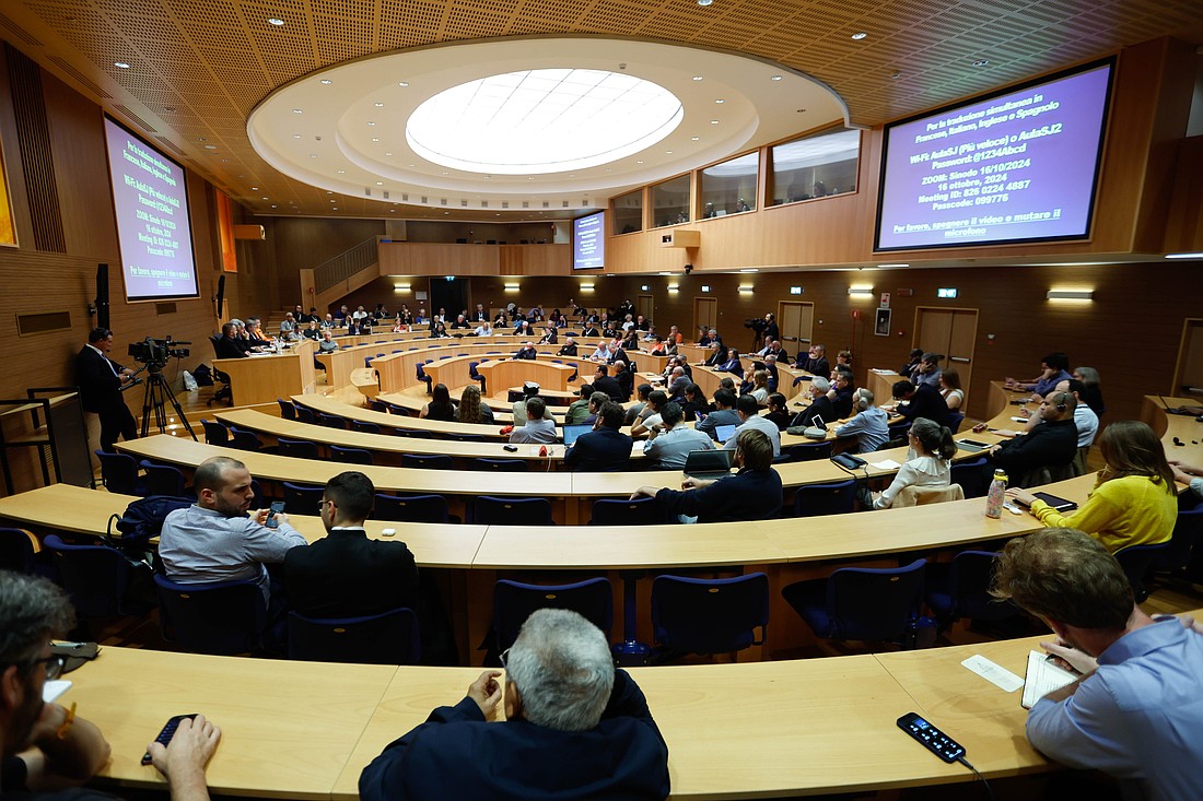 Synod participants attend a public theological and pastoral forum about the primacy of the pope in a synodal church in Rome, Oct. 16, 2024. (CNS photo/Lola Gomez)