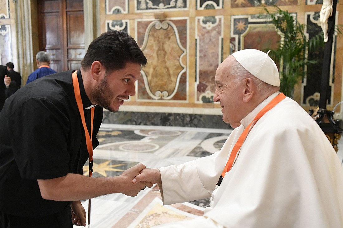 Father Guilherme Andrino, pastor of Our Lady of Guadalupe Parish, Lakewood, greets Pope Francis during his summer trip to the Vatican with the Divine Word Missionaries. Courtesy photo