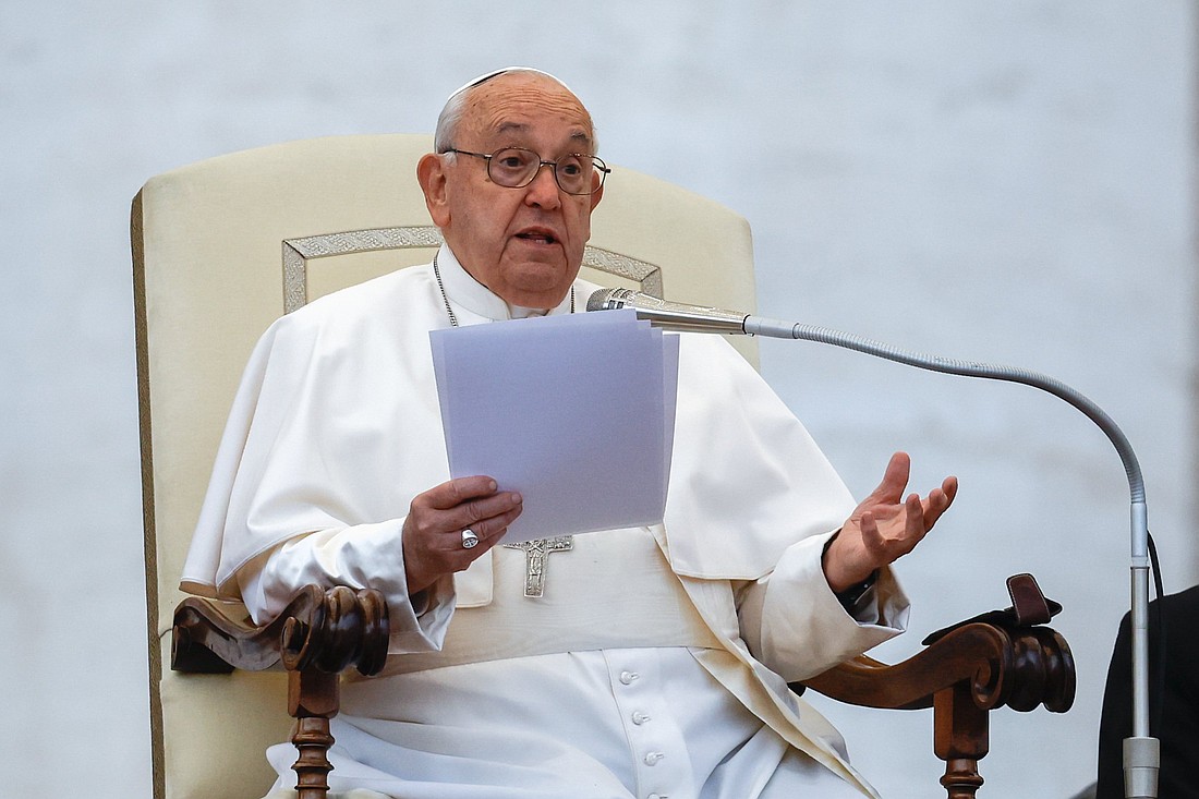 Pope Francis speaks during his general audience in St. Peter's Square at the Vatican Oct. 23, 2024. (CNS photo/Lola Gomez)