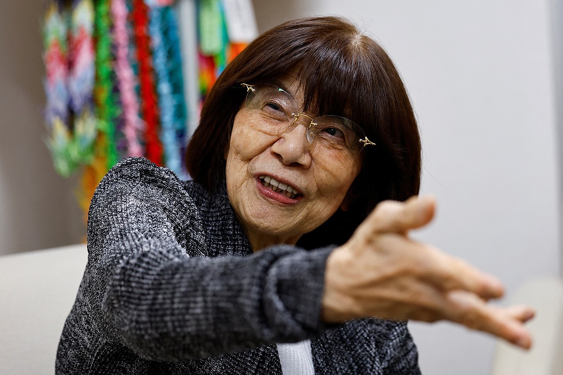 Teruko Yahata, who survived the 1945 atomic bombing of Hiroshima, gestures, as she speaks at an interview in Hiroshima Oct. 12, 2024, with Reuters on the following day of The Japan Confederation of A- and H-Bomb Sufferers Organizations, or Nihon Hidankyo, winning the 2024 Nobel Peace Prize. (OSV News photo/Kim Kyung-Hoon, Reuters)