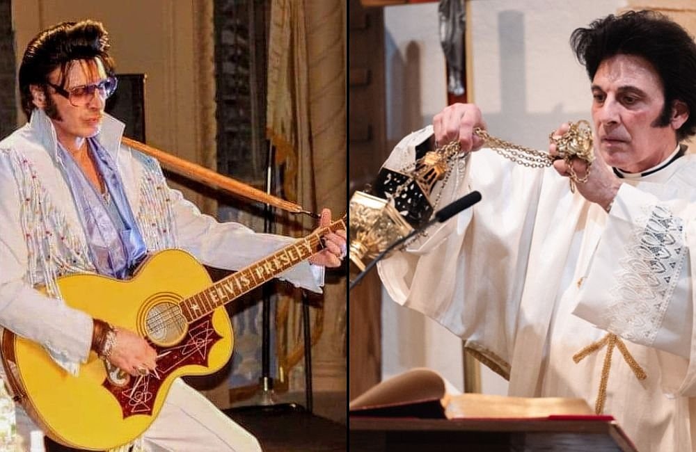 Deacon Anthony Liguori Jr., also known as "Deacon Elvis," and pictured in an undated combination photo, balances his Catholic ministry in the Archdiocese of Newark, N.J., with a career as a highly regarded Elvis Presley tribute act. (OSV News courtesy Archdiocese of Newark)