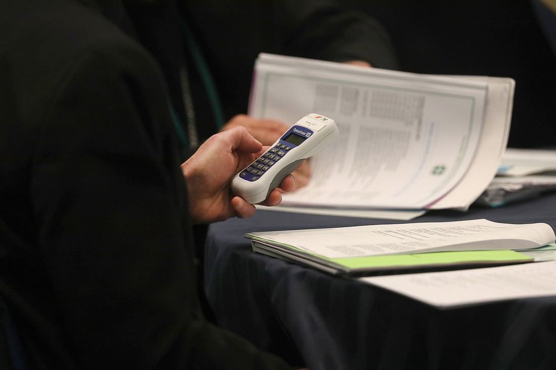 A bishop uses an electronic voting device during a Nov. 14, 2023, session of the fall general assembly of the U.S. Conference of Catholic Bishops in Baltimore. (OSV News photo/Bob Roller)