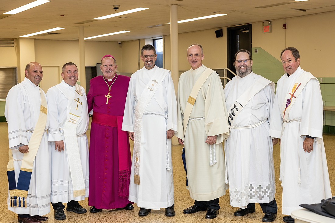 Bishop O'Connell joins deacons in the Diocese of Trenton before the start of the opening Mass in the Cathedral of Saint Mary of the Assumption, Trenton, for the 16th Ordinary Synod of Bishops Oct. 17, 2021. Hal Brown photo