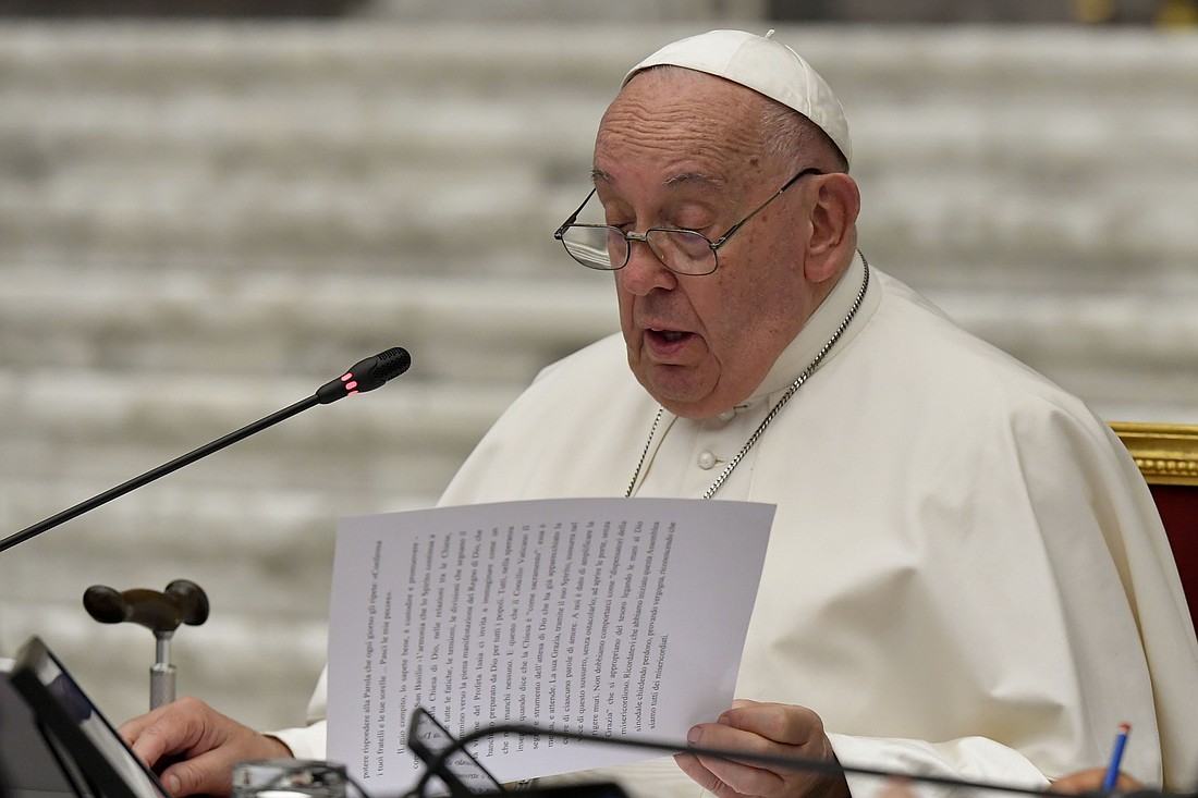 Pope Francis speaks to members of the Synod of Bishops on synodality after they approved their final document Oct. 26, 2024, in the Paul VI Audience Hall at the Vatican. (CNS photo/Vatican Media)