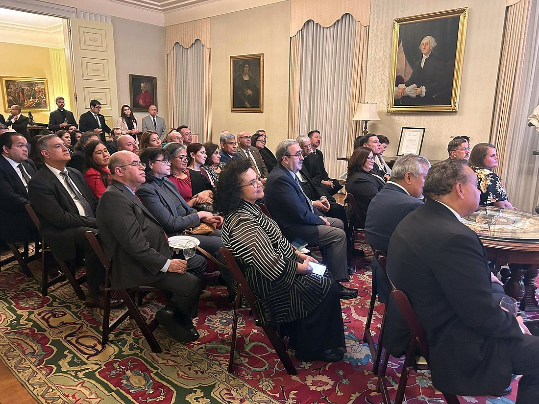 An Oct. 16, 2024, event at the apostolic nunciature in Washington to close Hispanic Heritage Month draws a crowd to listen to speakers highlight the contributions of Hispanic pastoral ministry in the U.S. and discuss future challenges and how to continue the evangelizing mission. The celebration was attended by 60 leaders of Catholic organizations, as well as pastoral leaders from different dioceses across the country. (OSV News photo/Marietha Góngora V.)..