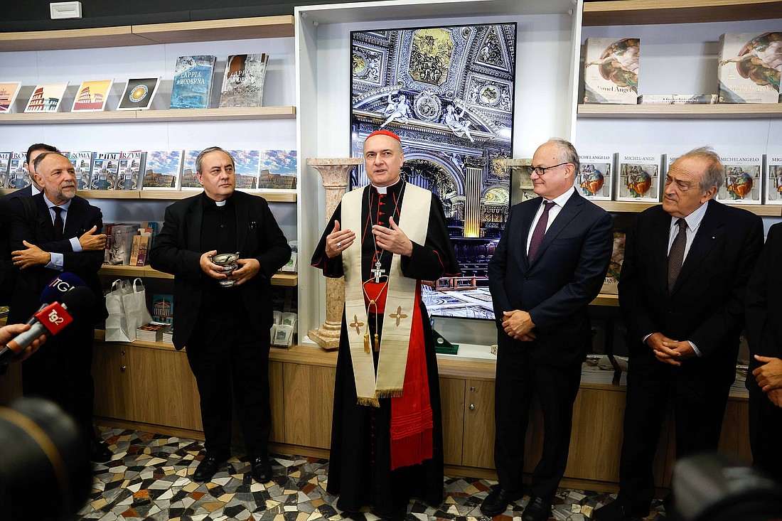 Cardinal Mauro Gambetti, archpriest of St. Peter's Basilica, inaugurates an official welcome area for visitors to the basilica in Rome, Oct. 31, 2024. (CNS photo/Lola Gomez)