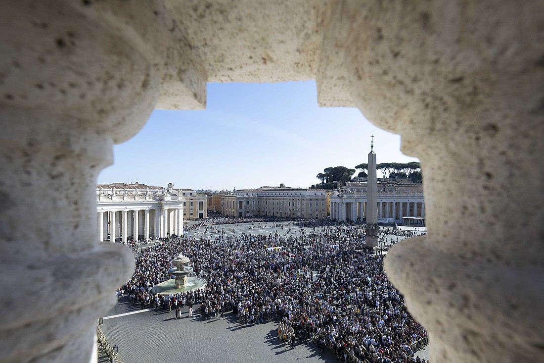 Visitors gather in St. Peter's Square to pray the Angelus with Pope Francis at the Vatican Nov. 3, 2024. (CNS photo/Vatican Media)