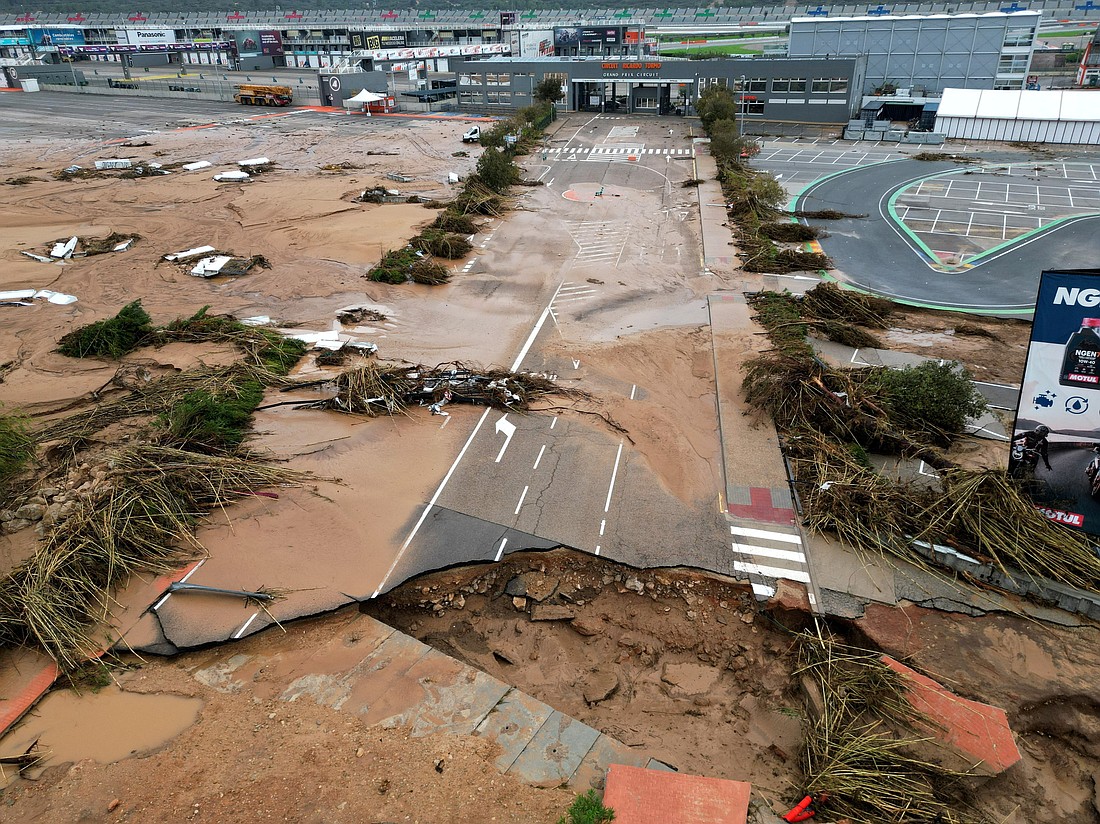 A drone view shows damage to the entrance of the Circuit Ricardo Tormo motorsport race track in Valencia, Spain, Nov. 2, 2024, following heavy rains that caused massive flooding. Spain's deadliest natural disaster in living memory has left more than 200 people dead with untold numbers still missing. (OSV News photo/Bruna Casas, Reuters)