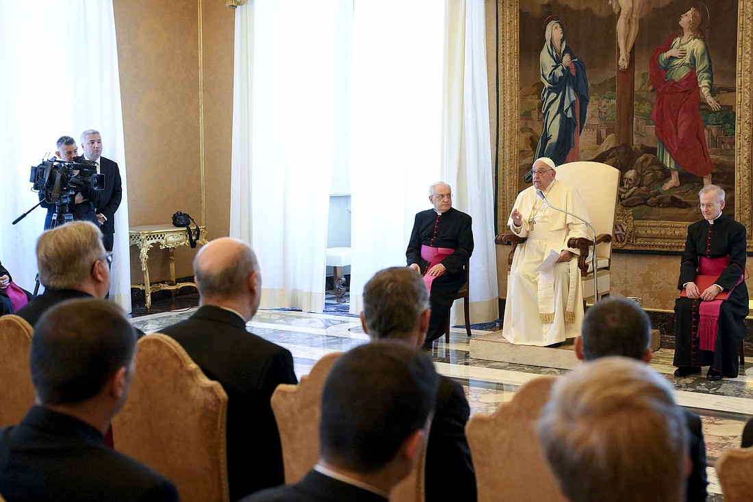 Pope Francis speaks to a group of seminarians from the province of Toledo, Spain, during a meeting at the Vatican Nov. 7, 2024.