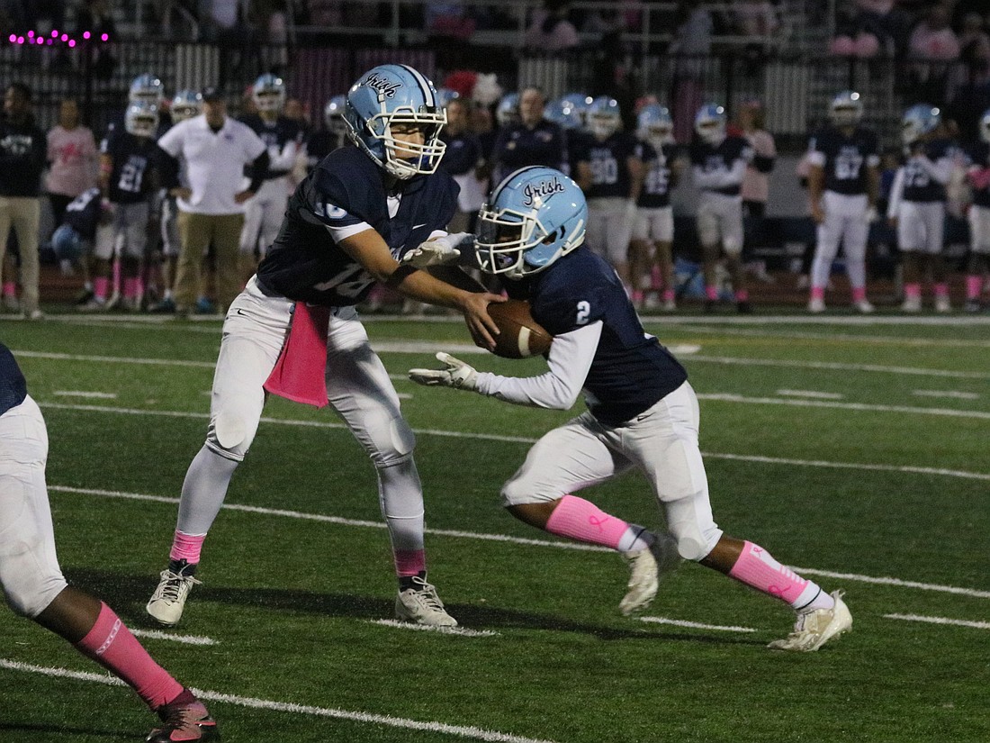 Quarterback Dillon White (18) and running back Jayden Davis (3) will look to generate some offense against SJV in their upcoming state playoff game. Photo courtesy of ND's Lifetouch staff