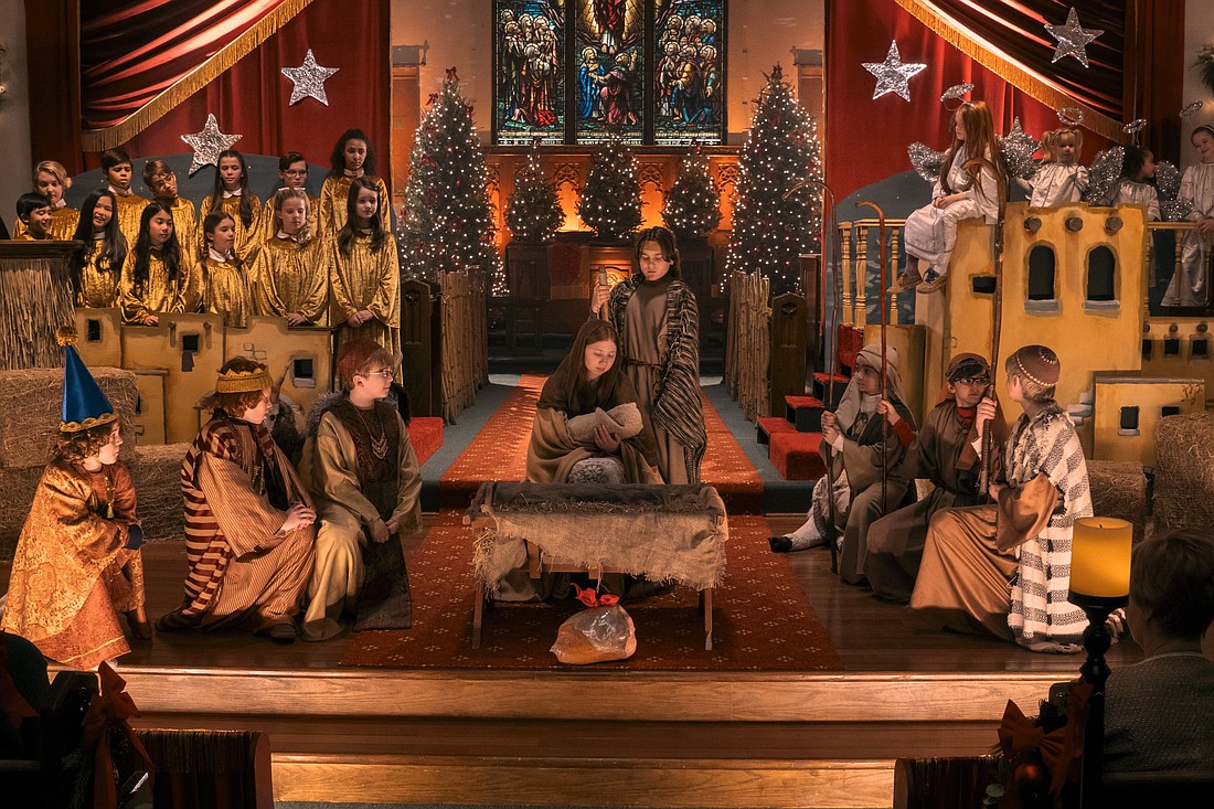 Essek Moore as Ollie Herdman, Ewan Wood as Leroy Herdman, Lorelei Olivia Mote as Alice, Matthew Lamb as Claude Herdman, Molly Wright as Beth, Beatrice Schneider as Imogene Herdman, Mason Nelligan as Ralph Herdman, Kynlee Heiman as Gladys Herdman, Sebastian Billingsley-Rodriguez as Charlie star in a scene from the movie "Best Christmas Pageant Ever." (OSV News photo/Allen Fraser, Lionsgate)