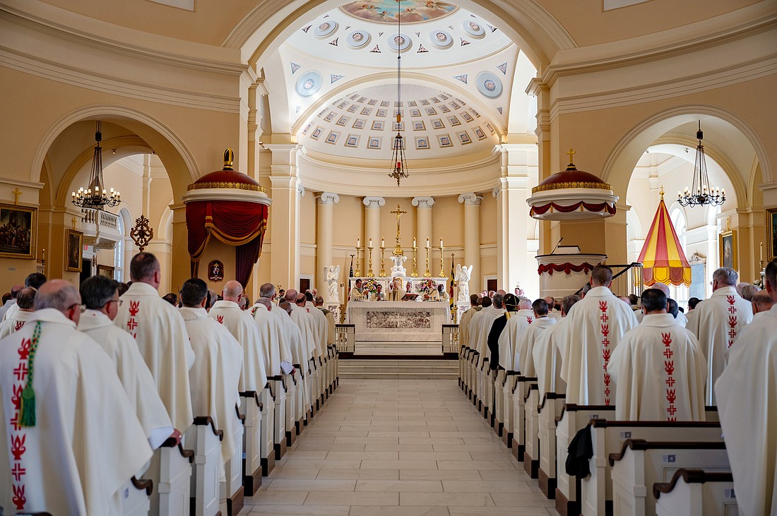 Bishops from around the country gather at the Basilica of the National Shrine of the Assumption of the Blessed Virgin Mary in Baltimore Nov. 11, 2024, for the opening Mass of the U.S. Conference of Catholic Bishops' 2024 fall plenary assembly. (OSV News photo/Kevin J. Parks, Catholic Review)