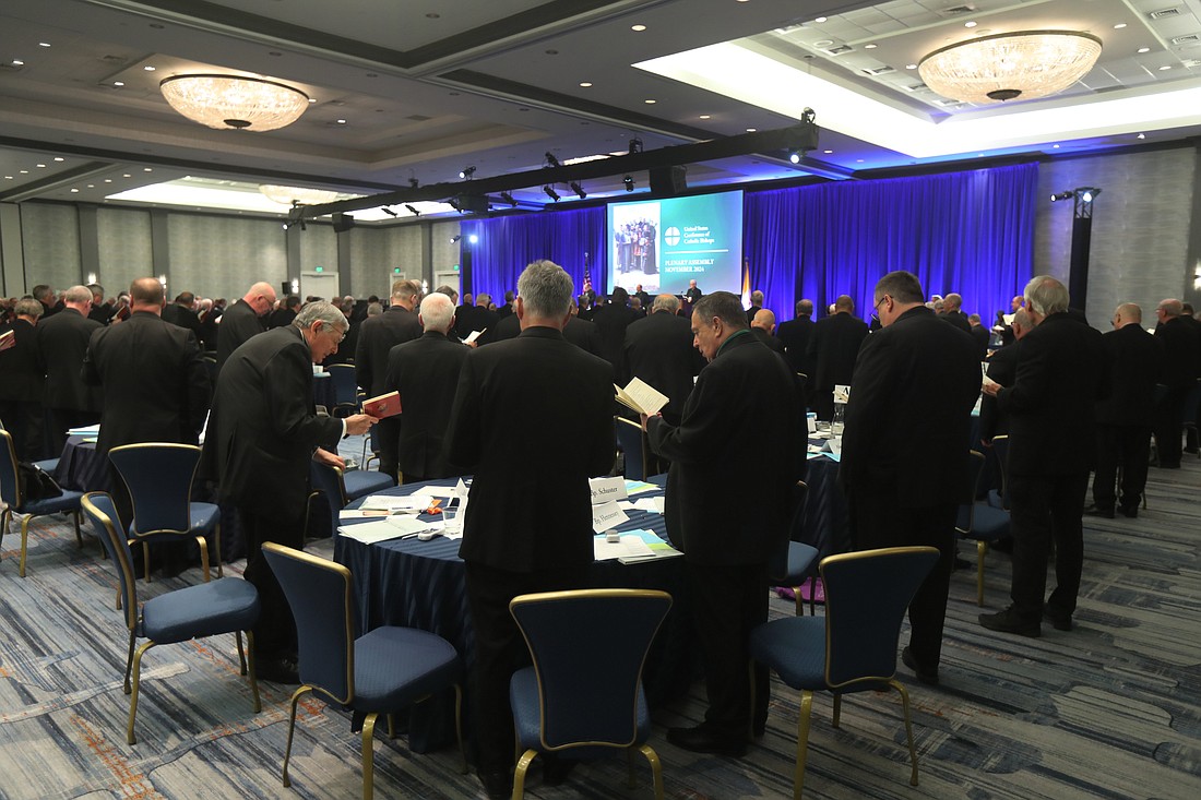 Prelates pray during a Nov. 12, 2024, session of the fall general assembly of the U.S. Conference of Catholic Bishops in Baltimore. (OSV News photo/Bob Roller)