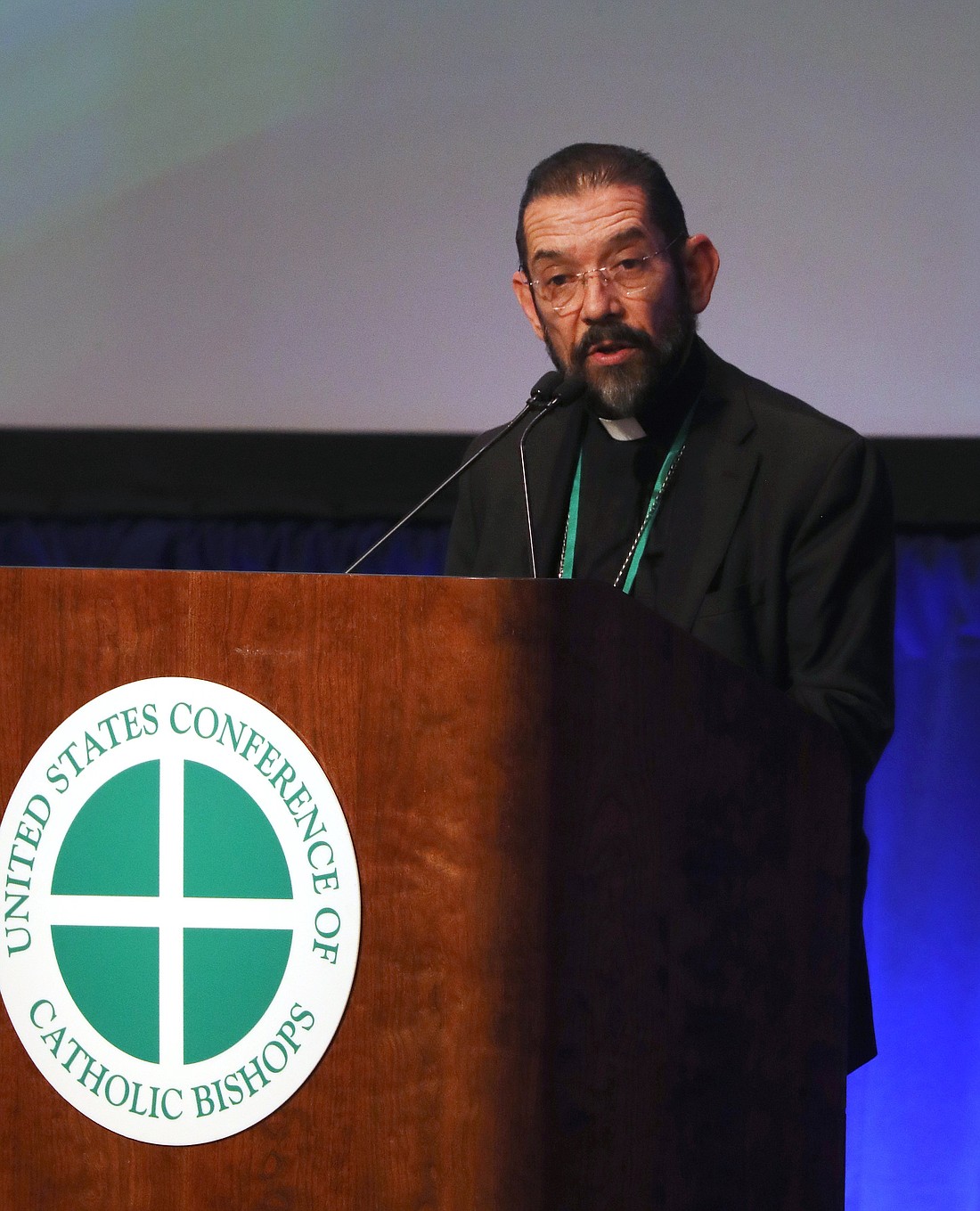 Bishop Daniel E. Flores of Brownsville, Texas, speaks during a Nov. 12, 2024, session of the fall general assembly of the U.S. Conference of Catholic Bishops in Baltimore. Bishop Flores was speaking about his October visit to Rome for the Synod of Bishops. (OSV News photo/Bob Roller)