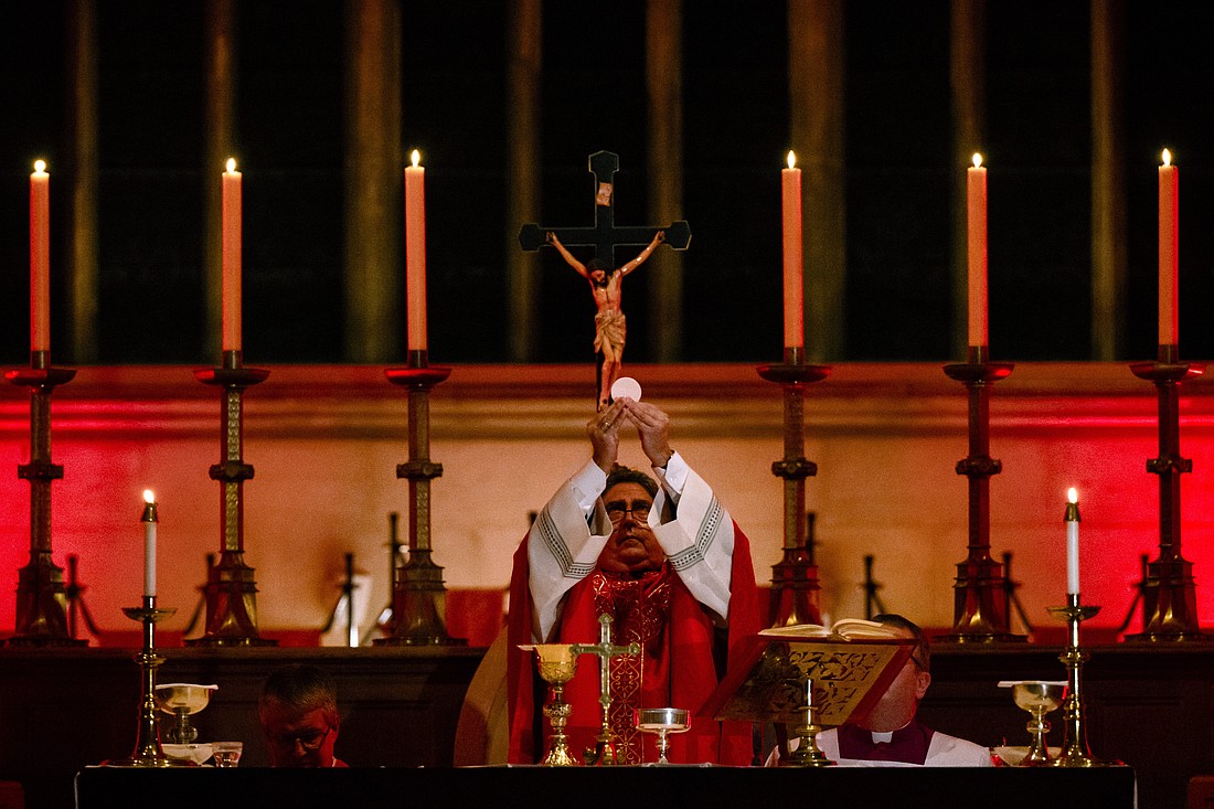 The Apostolic Nuncio to Great Britain Archbishop Miguel Maury Buendía celebrates the Aid to the Church in Need "Red Wednesday" Mass for persecuted Christians in St George’s Cathedral, Southward, London, on Nov. 22, 2023. (OSV News photo/courtesy ACN)