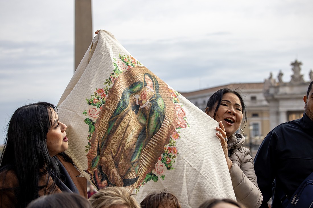 Women hold up an image of Our Lady of Guadalupe during Pope Francis' weekly general audience in St. Peter's Square at the Vatican Nov. 13, 2024. (CNS photo/Pablo Esparza)