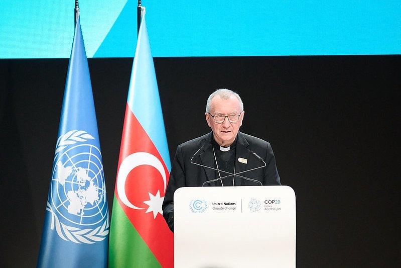 Cardinal Pietro Parolin, Vatican secretary of state, addresses the COP29 Leaders Climate Action Summit Nov. 13, 2024, in Baku, Azerbaijan. (CNS photo/courtesy UN Climate Change)