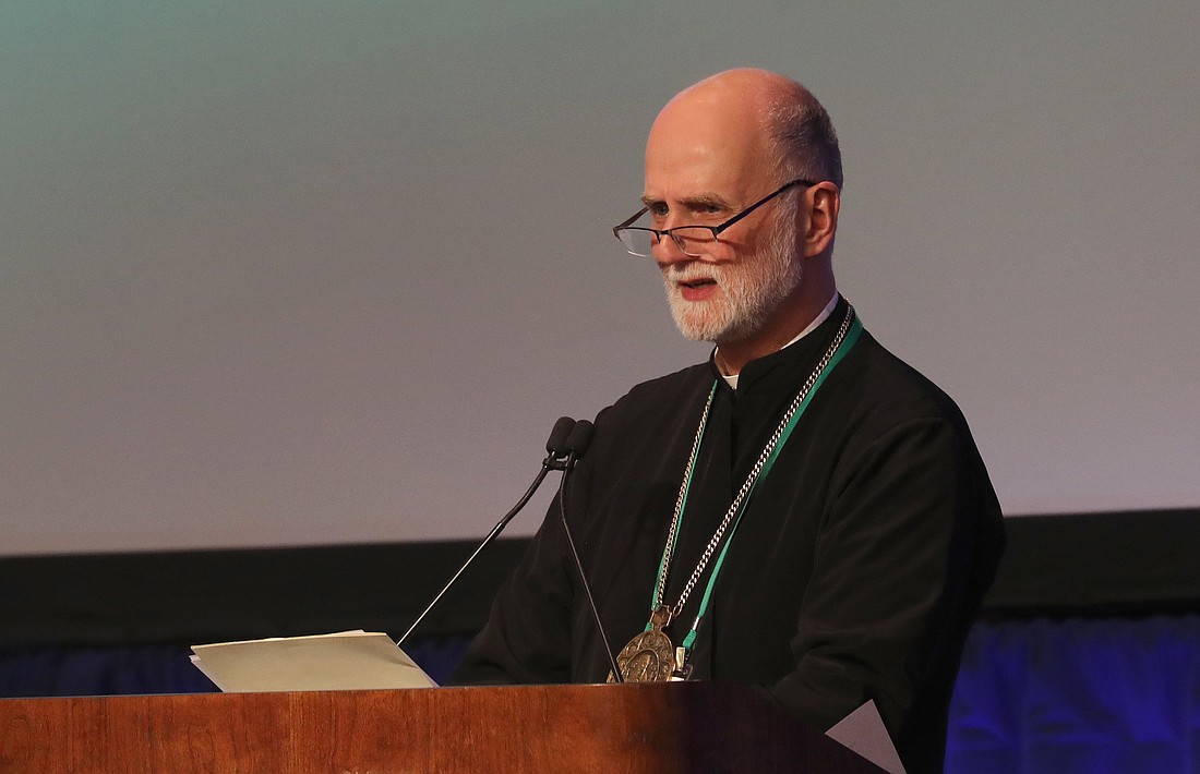 Archbishop Borys A. Gudziak of the Ukrainian Catholic Archeparchy of Philadelphia, head of the U.S. bishops' Committee on Domestic Justice and Human Development, speaks during a Nov. 13, 2024, session of the fall general assembly of the U.S. Conference of Catholic Bishops in Baltimore. (OSV News photo/Bob Roller)