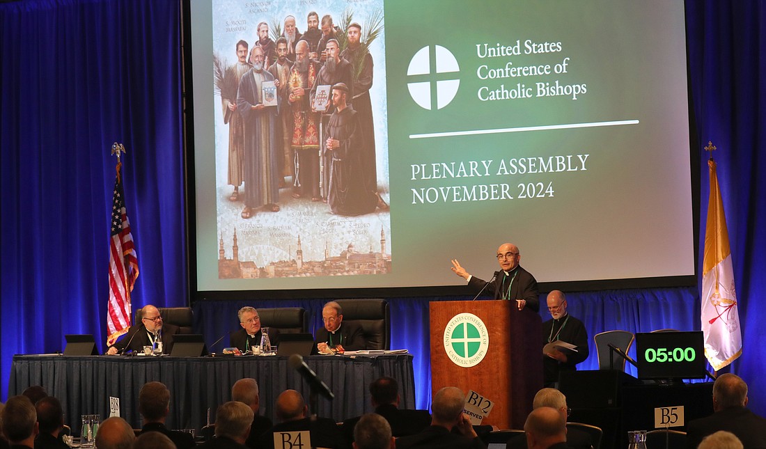 Bishop A. Elias Zaidan of the Maronite Eparchy of Our Lady of Lebanon of Los Angeles, chair of the U.S. bishops' Committee on International Justice and Peace, speaks during a Nov. 13, 2024, session of the fall general assembly of the U.S. Conference of Catholic Bishops in Baltimore. (OSV News photo/Bob Roller)