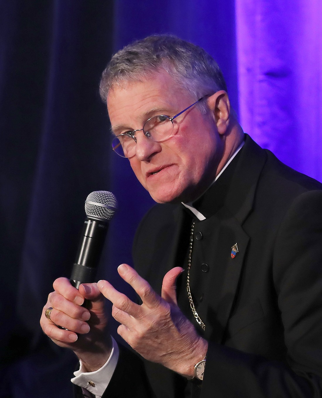 Archbishop Timothy P. Broglio of the U.S. Archdiocese for the Military Services, president of the U.S. Conference of Catholic Bishops, speaks during a Nov. 12, 2024, session of the fall general assembly of the USCCB in Baltimore. (OSV News photo/Bob Roller)