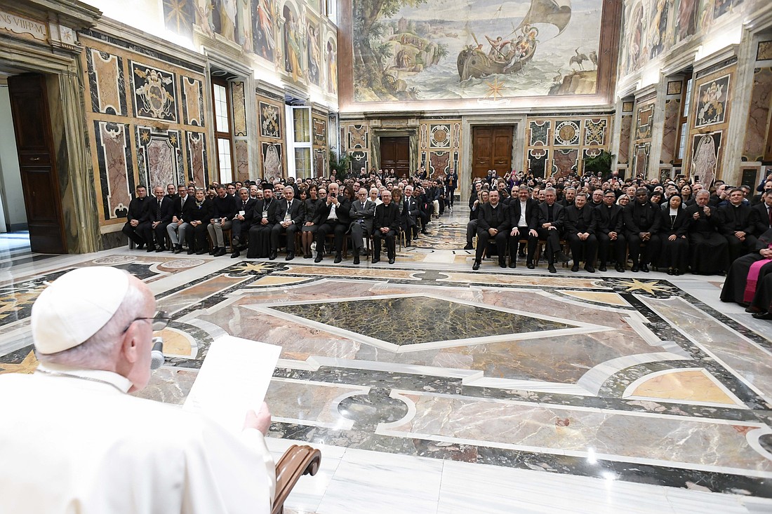 Pope Francis speaks to participants in a conference on martyrdom organized by the Dicastery for the Causes of Saints during a meeting at the Vatican Nov. 14, 2024. (CNS photo/Vatican Media)