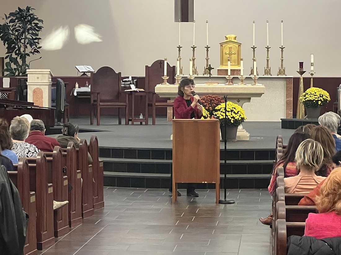 Dr. Mary Healy, professor of Sacred Scripture in Sacred Heart Major Seminary, Detroit, Mich., speaks at the diocesan Catholic Charismatic Conference Nov. 16 in St. Mary Church, Middletown. Photo courtesy of Father Jeff Kegley