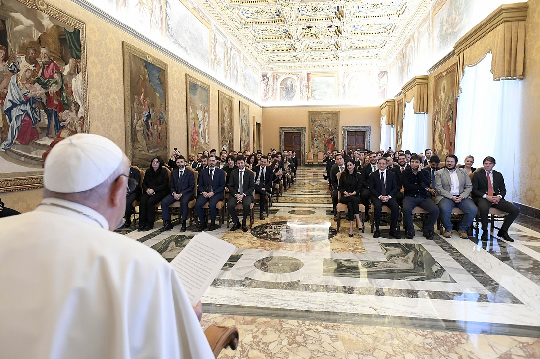 Pope Francis speaks to a delegation of the Italian National Youth Council during a meeting at the Vatican Nov. 16, 2024. (CNS photo/Vatican Media)