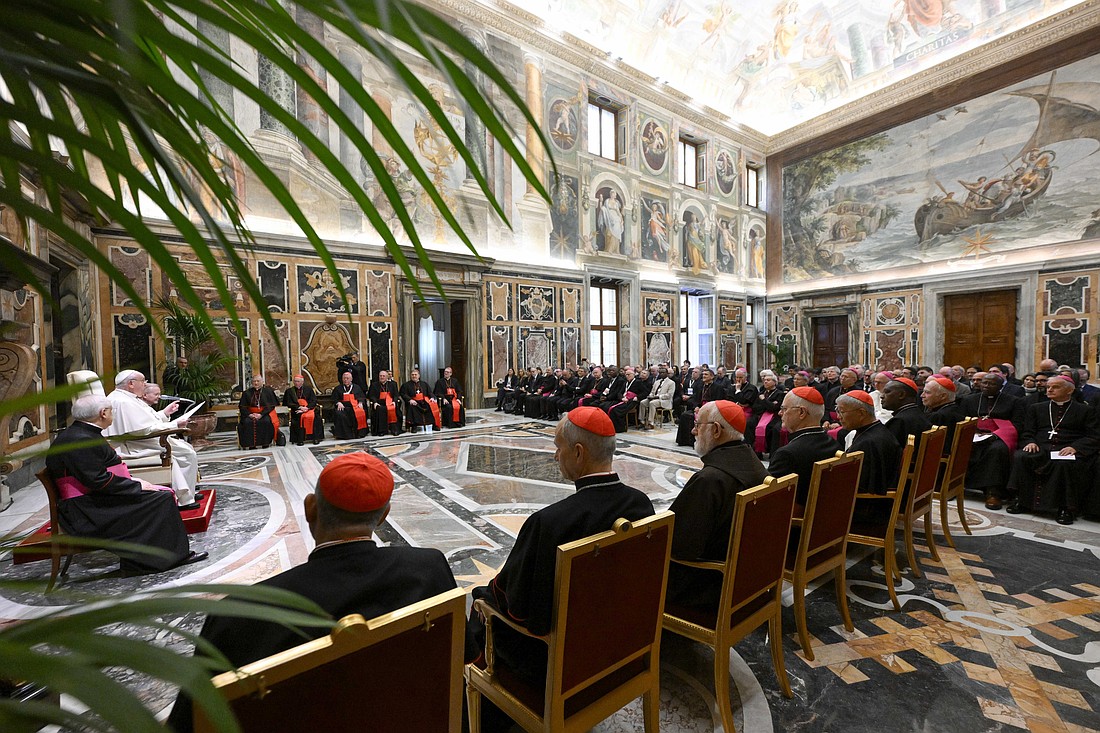 Pope Francis speaks to members of the Dicastery for Culture and Education during a meeting at the Vatican Nov. 21, 2024. (CNS photo/Vatican Media)