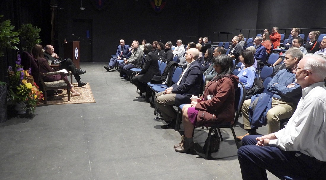 Bishop O'Connell and Dr. Ana Samuel discuss raising Catholic kids in modern culture Nov. 21 before an audience of parents, administrators and teachers in the auditorium of Notre Dame High School, Lawrenceville. EmmaLee Italia photo