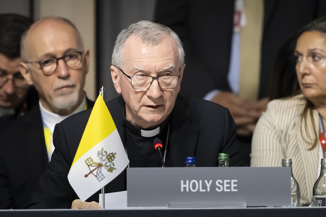 Cardinal Pietro Parolin, Vatican secretary of state, speaks during a summit on peace in Ukraine held in Stansstad, Switzerland, June 16, 2024. Heads of state from around the world gathered at a resort in central Switzerland for a June 15-16 summit to kick-start a peace process. (CNS photo/KEYSTONE/EDA/POOL/Alessandro della Valle) Photo courtesy of the Federal Department of Foreign Affairs of Switzerland