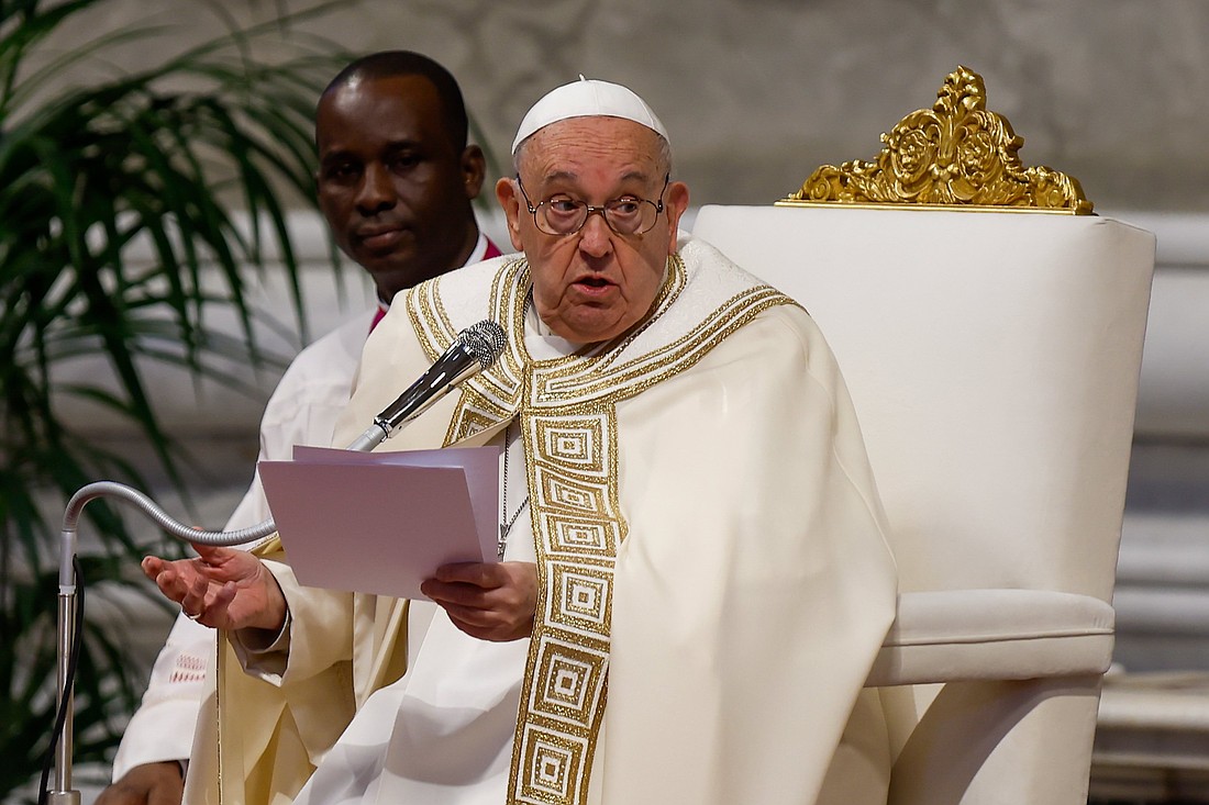 Pope Francis gives his homily at Mass on the feast of Christ the King and the local celebration of World Youth Day in St. Peter's Basilica at the Vatican Nov. 24, 2024. (CNS photo/Lola Gomez)