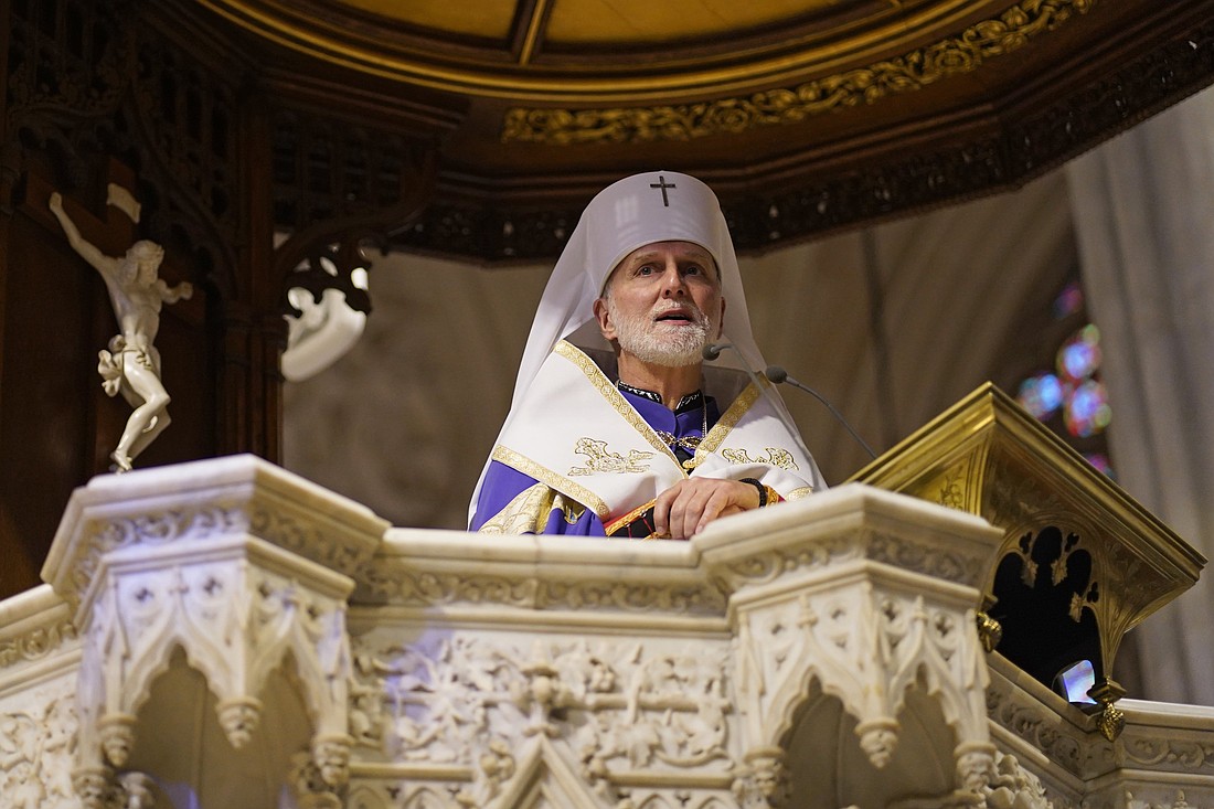 Metropolitan Archbishop Borys A. Gudziak of the Ukrainian Catholic Archeparchy of Philadelphia speaks at St. Patrick's Cathedral in New York City Nov. 23, 2024, during a prayer service marking the 91st anniversary of the Holodomor, a famine engineered by Soviet dictator Josef Stalin that led to the deaths of millions of Ukrainians. (OSV News photo/Gregory A. Shemitz)