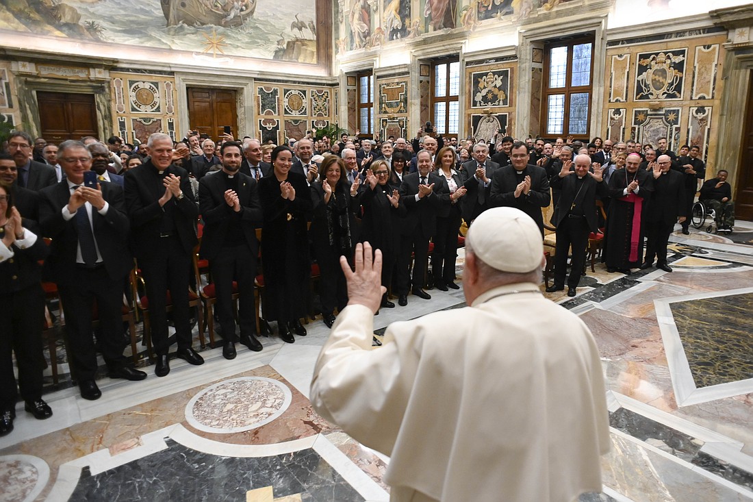 Pope Francis greets the academic community of the John Paul II Pontifical Theological Institute for Marriage and Family Sciences during a meeting at the Vatican Nov. 25, 2024. (CNS photo/Vatican Media)