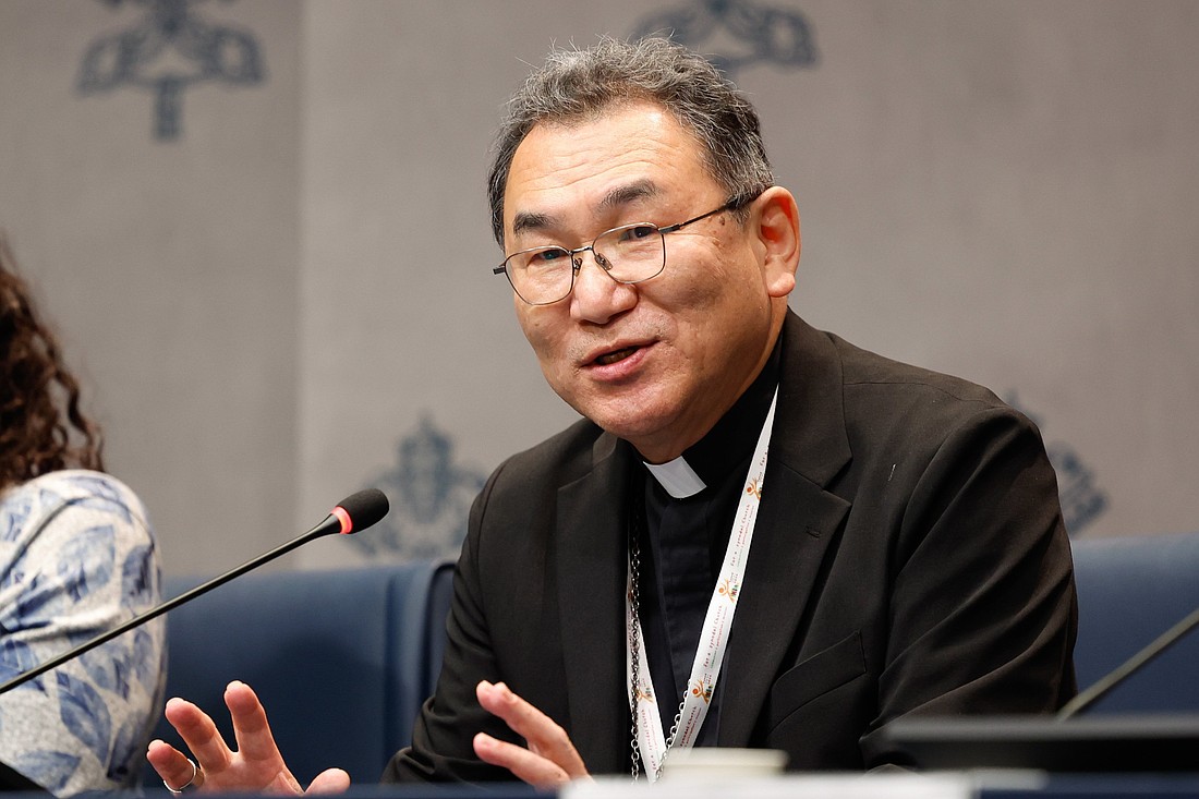 Cardinal-designate Tarcisio Isao Kikuchi of Tokyo speaks at an Oct. 8, 2024, press briefing at the Vatican for the Synod of Bishops. (CNS photo/Lola Gomez)