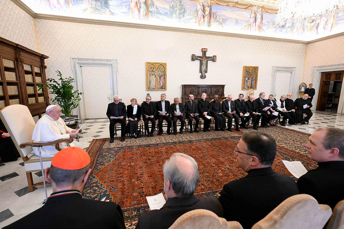 Pope Francis meets with members of the International Theological Commission and reflects on the significance of the 1,700th anniversary of the Council of Nicaea during their gathering at the Vatican Nov. 28, 2024. (CNS photo/Vatican Media)