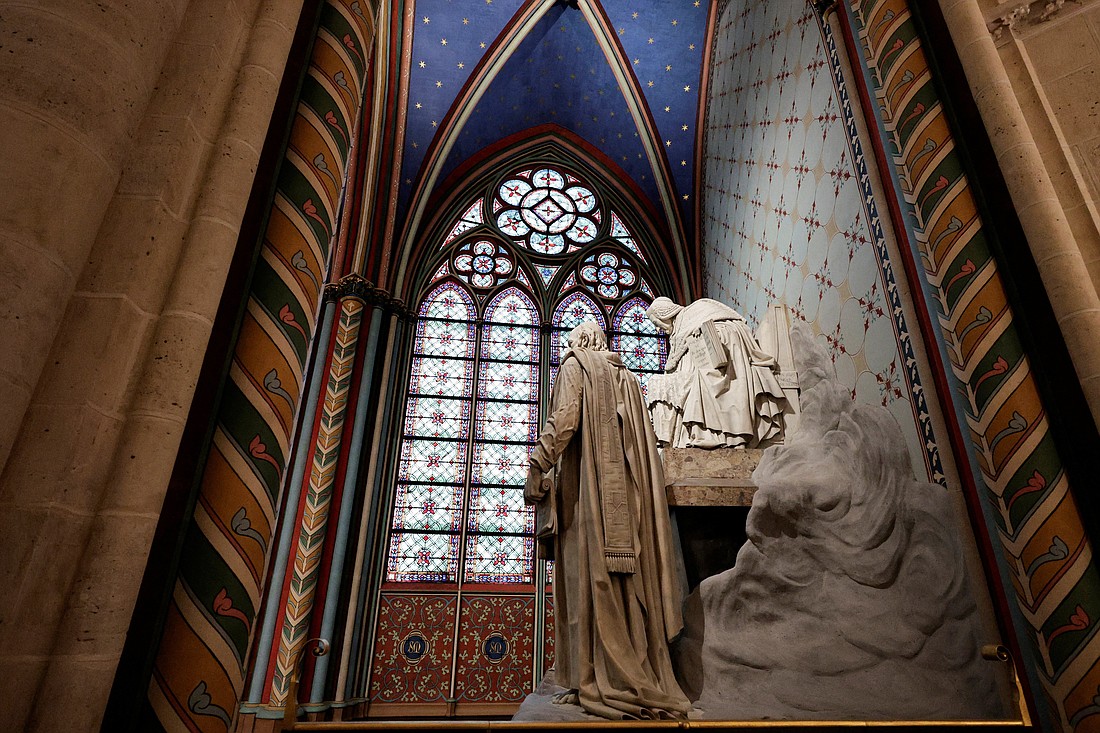 This is a view inside the Notre Dame Cathedral in Paris Nov. 29, 2024. The cathedral is set to reopen in early December, with a planned weekend of ceremonies on Dec. 7 and 8, five years after the 2019 fire that ravaged the world heritage landmark and toppled its spire. Some 250 companies and hundreds of experts were mobilized for the five-year restoration costing hundreds of millions of euros. (OSV News photo/Stephane De Sakutin, pool via Reuters)