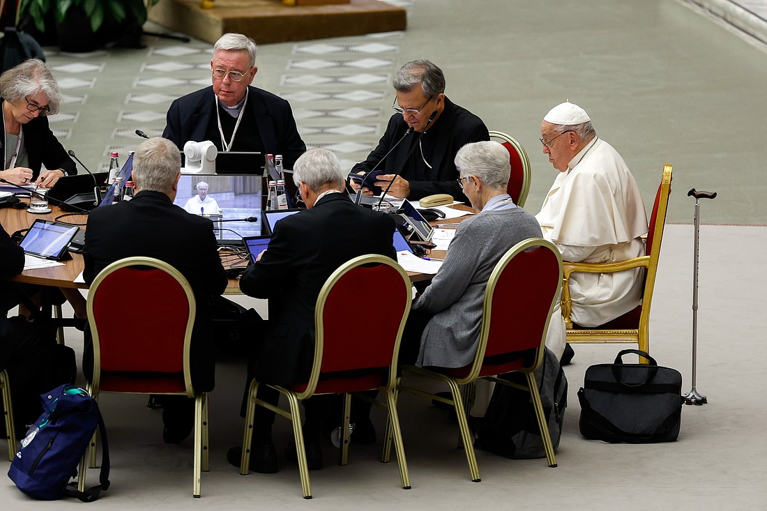 Pope Francis attends a morning session of the synod in the Paul VI Audience Hall at the Vatican Oct. 21, 2024. (CNS photo/Lola Gomez)