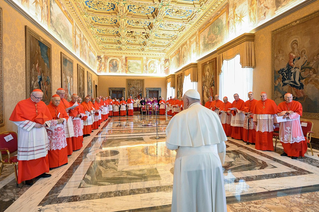 Pope Francis holds a consistory at the Vatican July 1, 2024, with cardinals living in Rome to approve the canonization of several sainthood candidates. The pope announced the date for the canonizations will be Oct. 20 for everyone except Blessed Carlo Acutis, whose canonization date is yet to be determined. (CNS photo/Vatican Media)