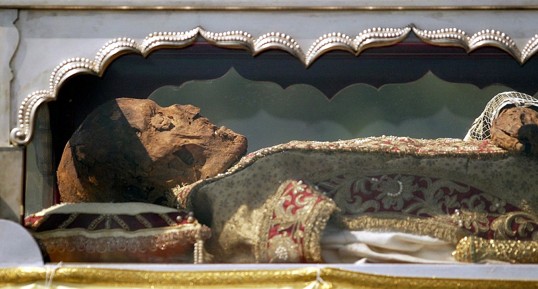 The remains of the 16th century Jesuit St. Francis Xavier are displayed during a 2004 exposition of the remains in Goa, India. The exposition of St. Francis Xavier's remains happens once in 10 years. In 2024, they are displayed from Nov. 21, and the special event ends Jan. 5, 2025. (OSV News photo/Arko Datta, Reuters)