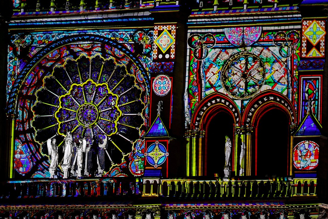 View of a light show rehearsal on the facade of Notre Dame Cathedral in Paris Dec. 6, 2024, five-and-a-half years after a fire ravaged the Gothic masterpiece, on the eve of Dec. 7-8 reopening ceremonies. (OSV News photo/Sarah Meyssonnier, Reuters)