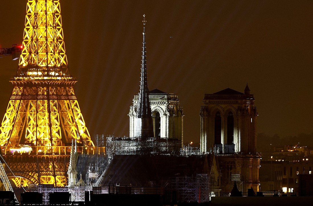 A view taken from the rooftop of the Hotel Paradiso shows the Eiffel Tower and Notre Dame Cathedral in Paris Dec. 6, 2024, five-and-a-half years after a fire ravaged the Gothic masterpiece, on the eve of Dec. 7-8 reopening ceremonies. (OSV News photo/Christian Hartmann, Reuters)