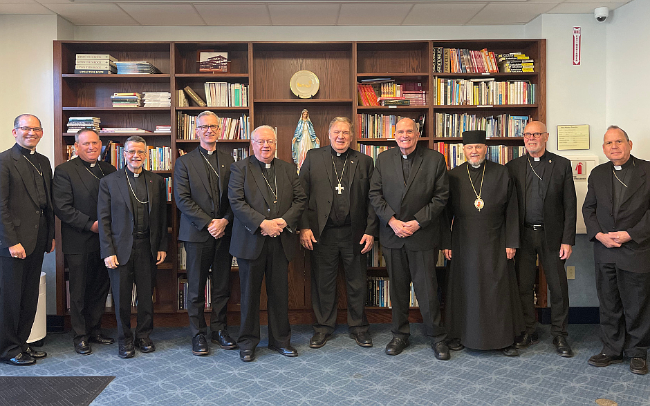 The Bishops gathered for their final meeting of the year following the presentation. Pictured are: Newark Auxiliary Bishop Michael A. Saporito; Bishop Kevin J. Sweeney, Diocese of Paterson; Newark Auxiliary Bishop Elias R. Lorenzo, O.S.B.; Co-Adjutor Bishop Joseph A. Williams, Diocese of Camden; Bishop Dennis J. Sullivan, Diocese of Camden; Cardinal Joseph W. Tobin, C.Ss.R., Archdiocese of Newark; Bishop David M. O’Connell, C.M., Diocese of Trenton; Bishop Kurt Burnette, Eparchy of Passaic; Newark Auxiliary Bishops Gregory J. Studerus and Manuel A. Cruz.