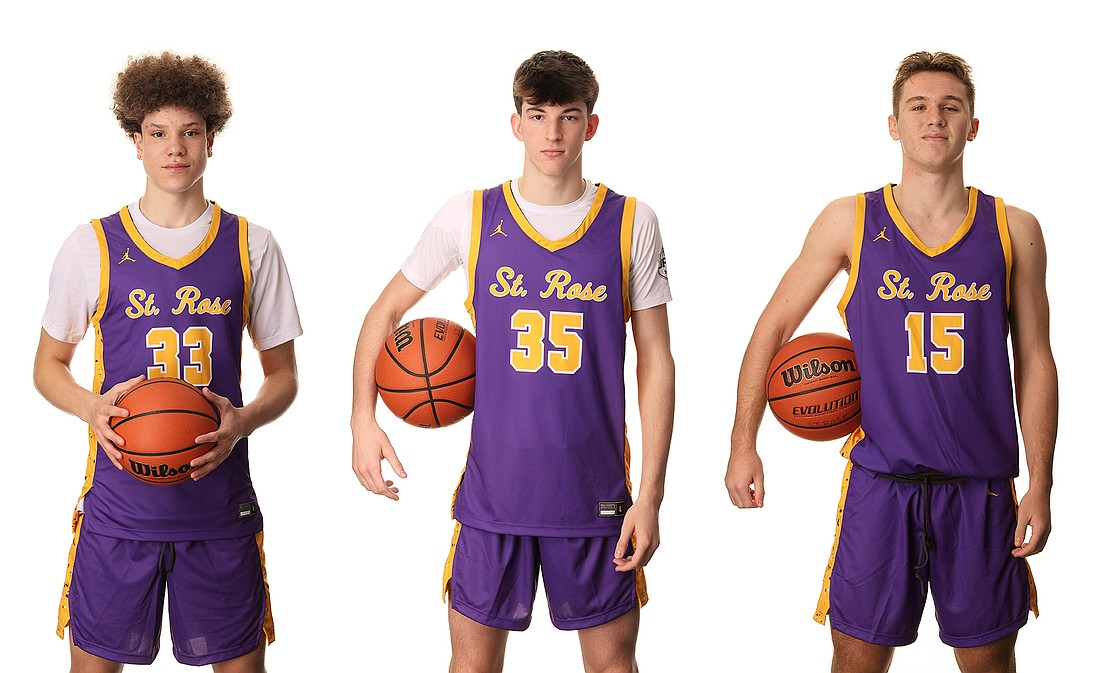 The St. Rose boys basketball team has three standouts returning from its Shore Conference and Non-Public B state tournament championship team in junior Division I prospect Jayden Hodge (33) and senior captains Evan Romano (35) and Bryan Ebeling (15). Photos courtesy of St. Rose High School