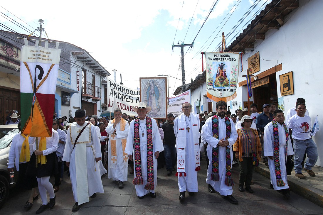 Clergymen and other worshippers take part in a march demanding peace in San Cristobal de Las Casas, in the southern state of Chiapas, Mexico, Nov. 3, 2024, after the murder of Father Marcelo Pérez. Father Pérez, who ministered in Indigenous regions rife with territorial conflicts and later denounced drug cartel violence, was shot dead Oct. 20 by two assailants on a motorcycle as he drove away from the Guadalupe church in San Cristóbal de las Casas, according to Mexican media reports. (OSV News photo/Gabriela Sanabria, Reuters)