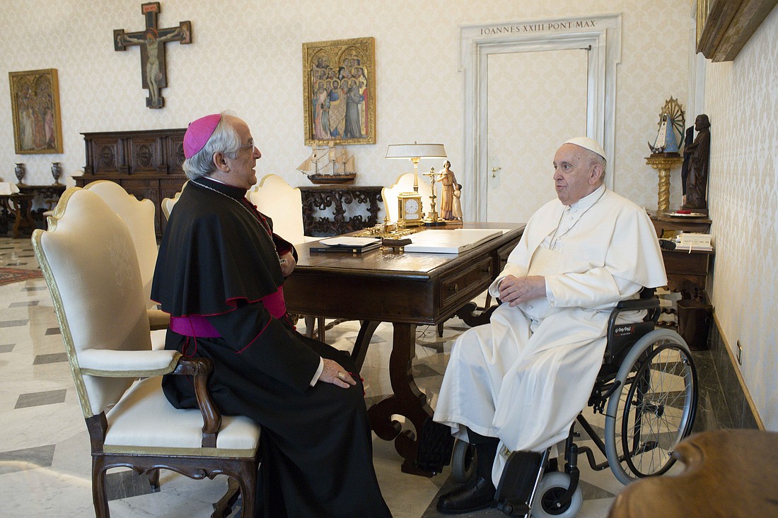 Pope Francis greets Archbishop Giovanni D'Aniello, apostolic nuncio to Russia and Uzbekistan, during a private audience at the Vatican June 2, 2022. (CNS photo/Vatican Media)