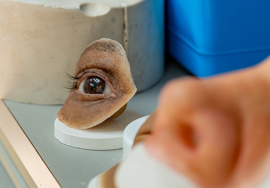 A prosthetic eye, pictured Nov. 8, 2024, are among the body parts crafted by Juan Garcia and the graduate students he mentors in the Facial Prosthetics Clinic within the Department of Art as Applied to Medicine at Johns Hopkins University School of Medicine in Baltimore. (OSV News photo/Kevin J. Parks, Catholic Review)