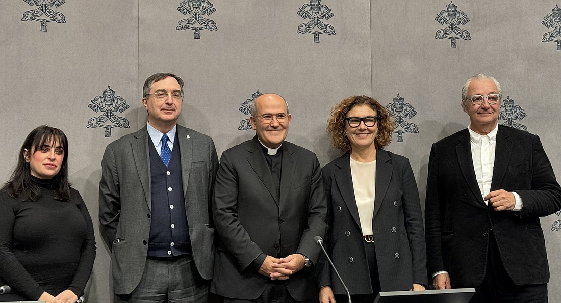 After a news conference at the Vatican Dec. 17, 2025, to present the Dicastery for Culture and Education's Jubilee 2025 contemporary art projects, participants pose for a photo. From the left are: Marinella Senatore, an artist; Giovanni Russo, head of the Department of Prison Administration for the Italian Ministry of Justice; Cardinal José Tolentino de Mendonça, prefect of the dicastery; Cristiana Perrella, project curator; and Davide Rampello, artistic curator. (CNS photo/Cindy Wooden)