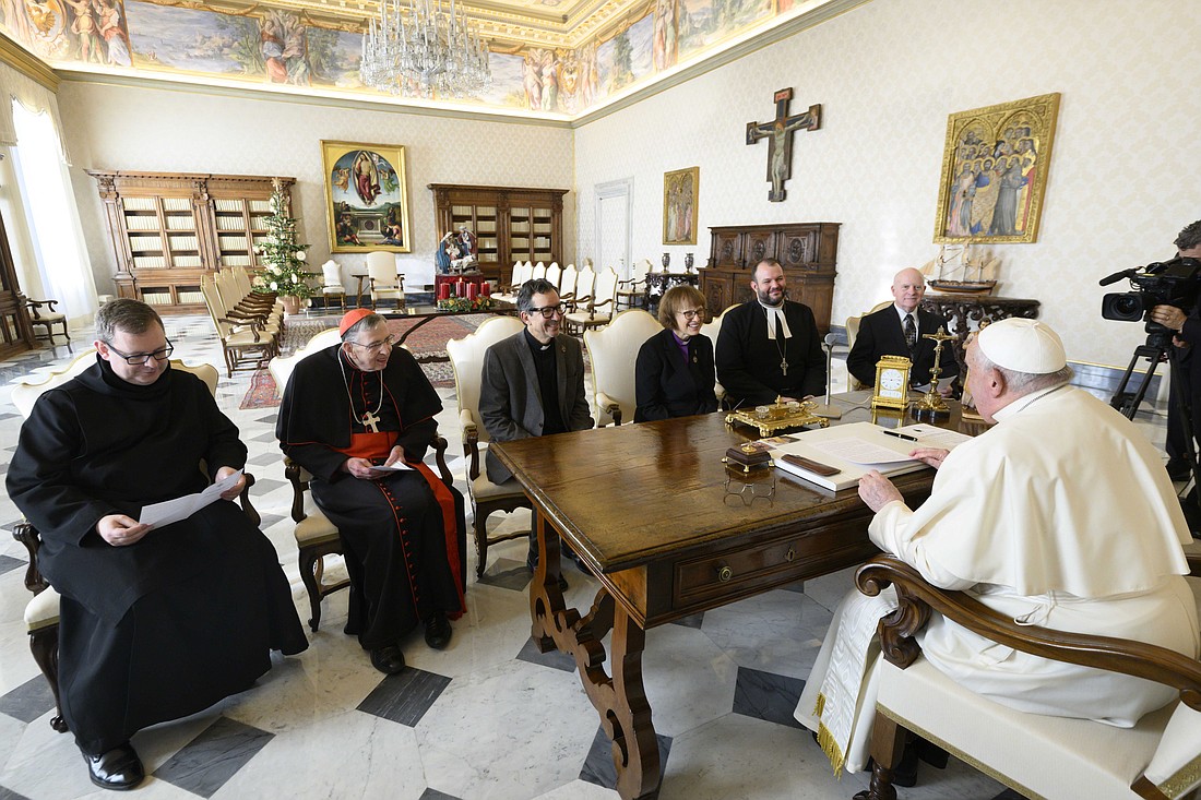 Pope Francis meets in the Apostolic Palace at the Vatican with officials from the World Methodist Council and from the Dicastery for Promoting Christian Unity Dec. 16, 2024. From the left are: Benedictine Father Martin Browne, a dicastery official; Cardinal Kurt Koch, dicastery prefect; the Rev. Reynaldo Ferreira Leão Neto, general secretary of the council; and the Rev. Matthew A. Laferty, director of the Methodist Ecumenical Office in Rome. (CNS photo/Vatican Media)