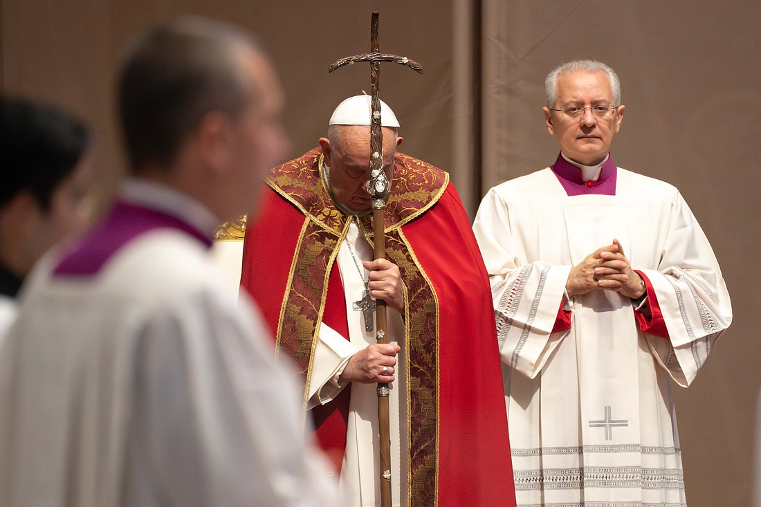 Pope Francis prays during a memorial Mass for deceased cardinals and bishops in this file photo from Nov. 4, 2024. According to Fides, the news agency of the Pontifical Mission Societies, eight priests and five laymen were killed around the world in 2024. (CNS photo/Lola Gomez).