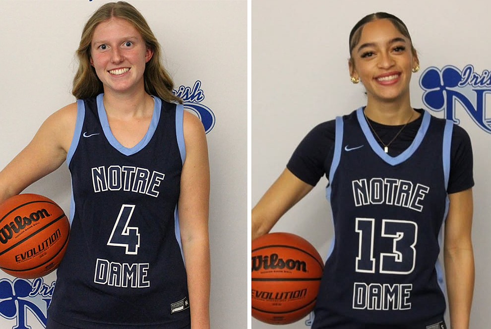 Junior forward Caroline Foley, left, is Notre Dame's leading scorer and second-leading  rebounder as she has helped the Irish to a 4-0 start. Senior guard Alayna Ramirez, right, leads the Notre Dame defense with 15 steals this season. Photos courtesy of Notre Dame High School